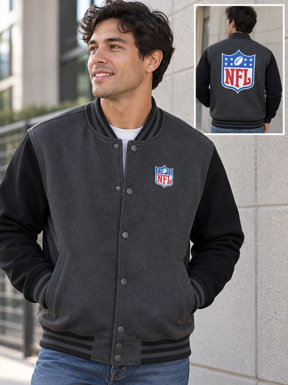 NFL Team Apparel Men’s Varsity Fleece Jacket Black Gray Logo Size M -C